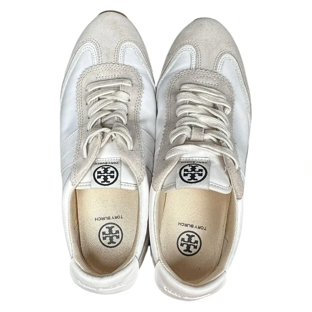 Tory Burch Hank Slim Sneaker Womens 8.5 Ivory White Suede Retro Trainer Gum Sole
